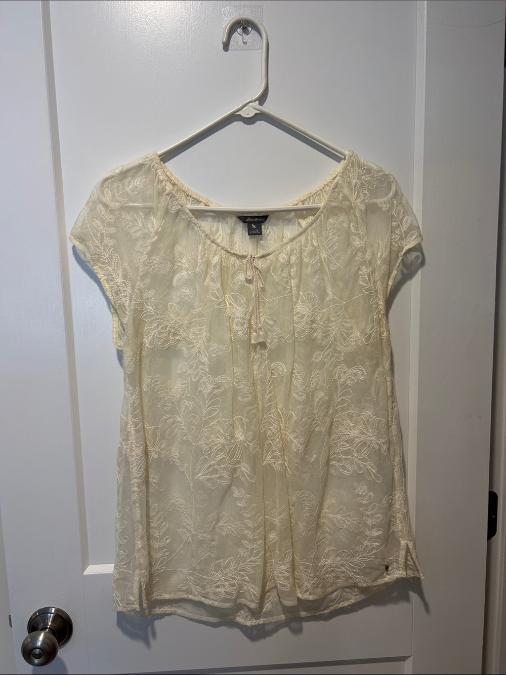 Eddie Bauer Cream Embroidered Short-Sleeve Peasant Top